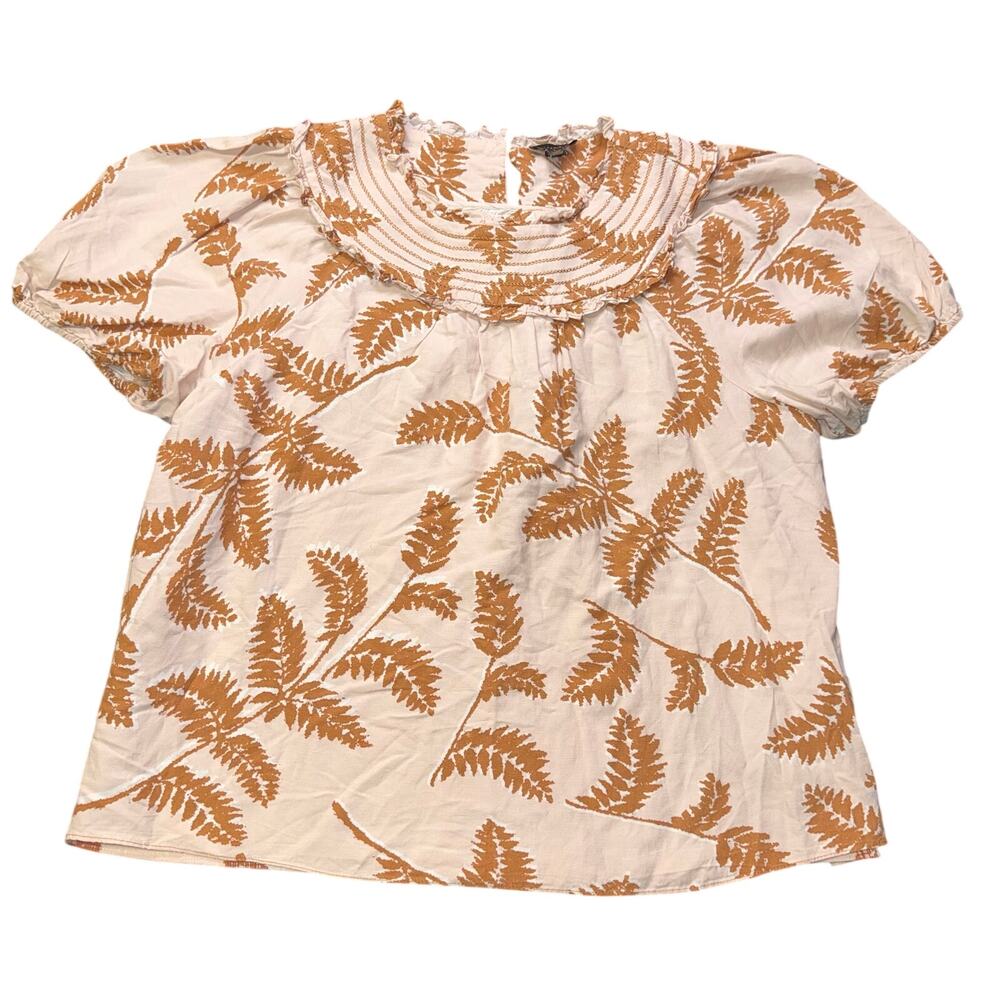 Current Air LA Fern Print Linen Blend Blouse Large Puff Sleeve Ruffle Bib Cream